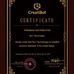 Official CreatBot premium distributor certificate issued to Rev1 Technologies for authorized distribution in the United States