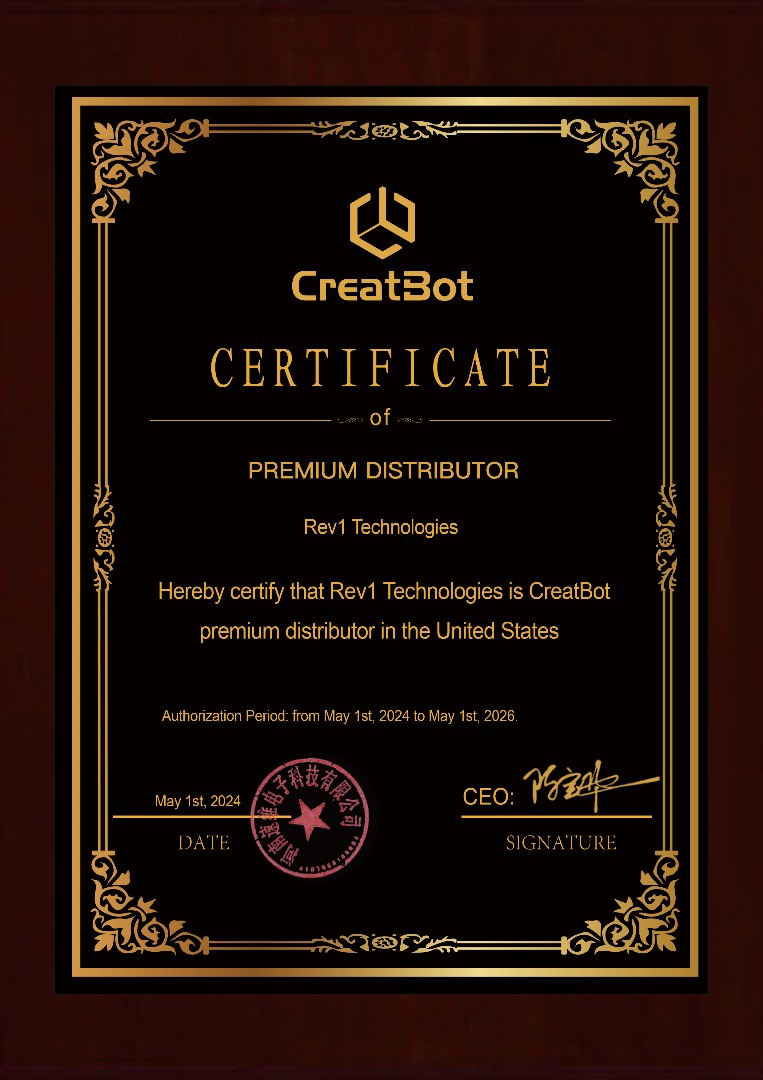 Official CreatBot premium distributor certificate issued to Rev1 Technologies for authorized distribution in the United States