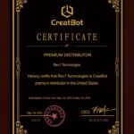 Official CreatBot premium distributor certificate issued to Rev1 Technologies for authorized distribution in the United States