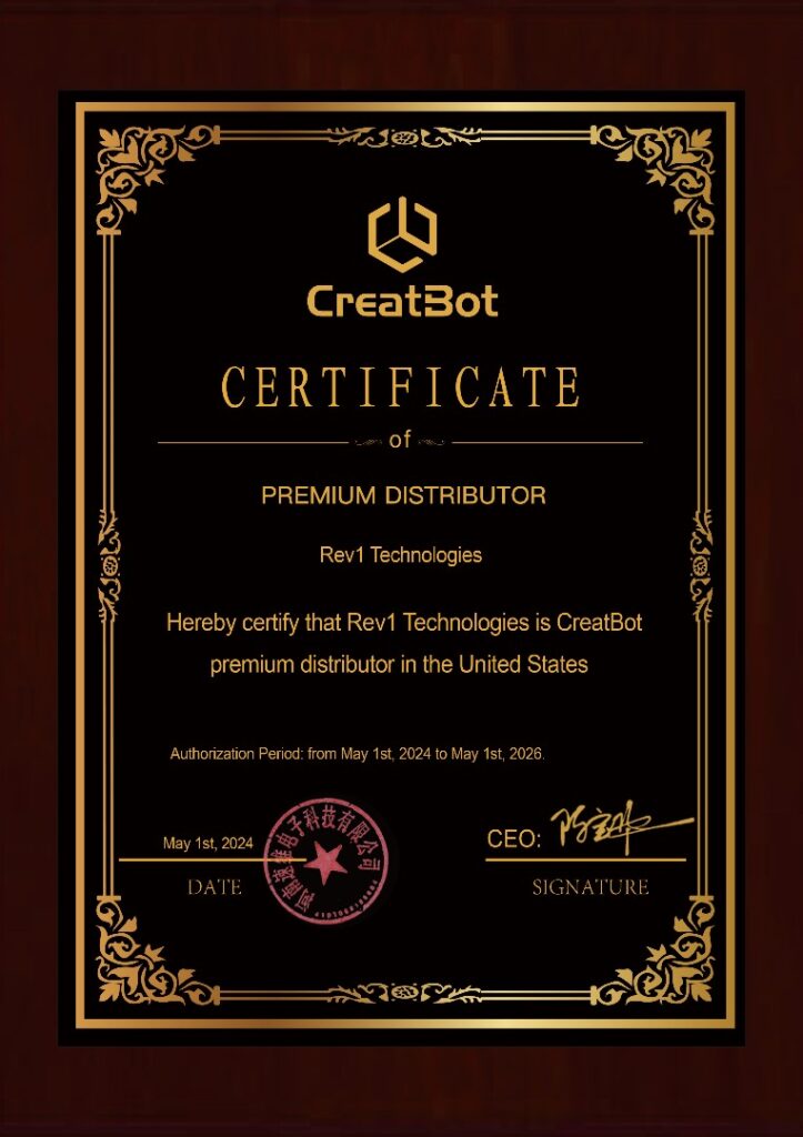 Official CreatBot premium distributor certificate issued to Rev1 Technologies for authorized distribution in the United States