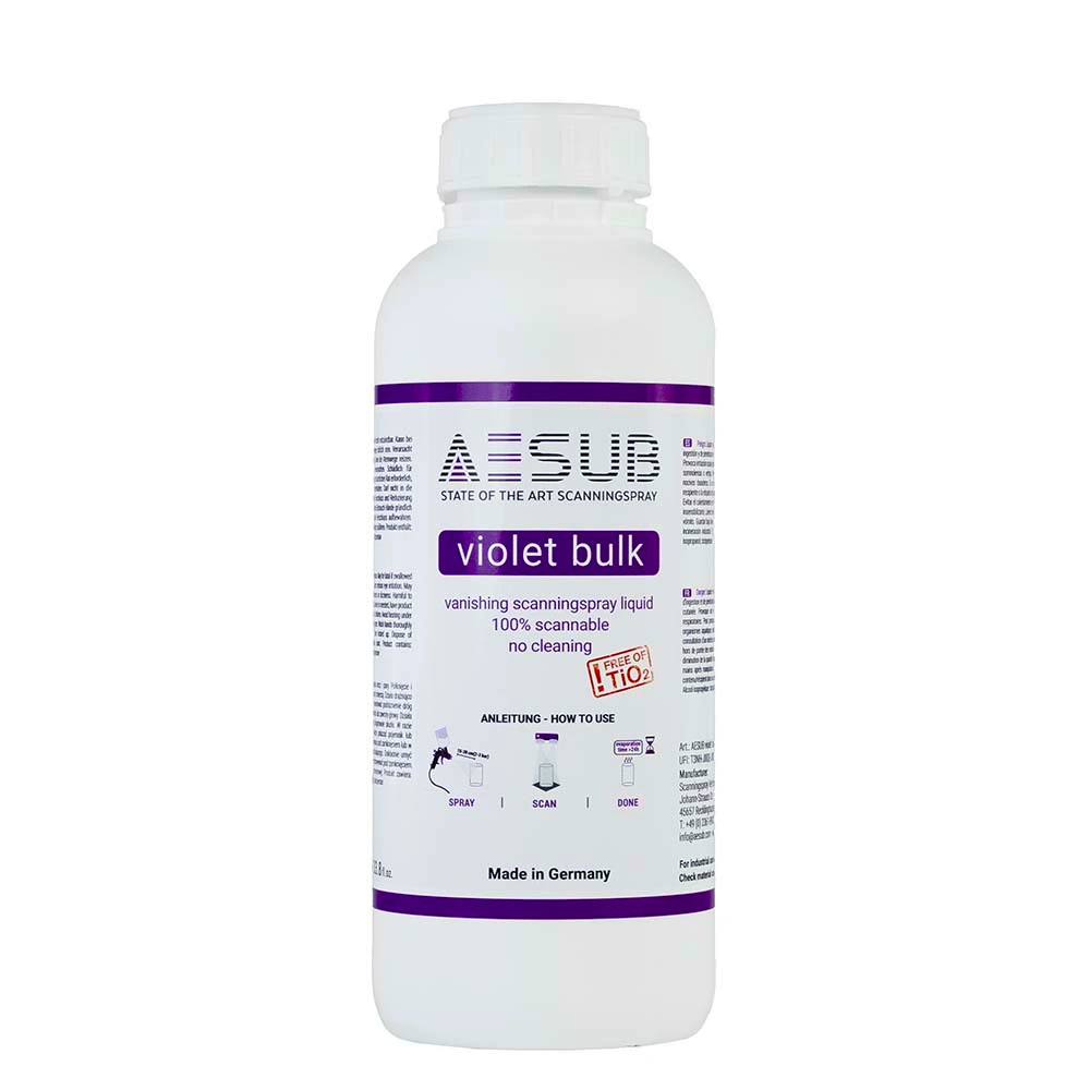 AESUB Violet Bulk vanishing scanning spray bottle, 1L liquid solution for 3D scanning, self-volatilizing and pigment-free, made in Germany.