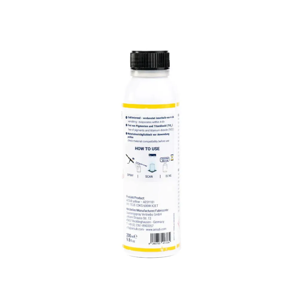 Back view of AESUB Yellow vanishing scanning spray bottle showing usage instructions and product details.
