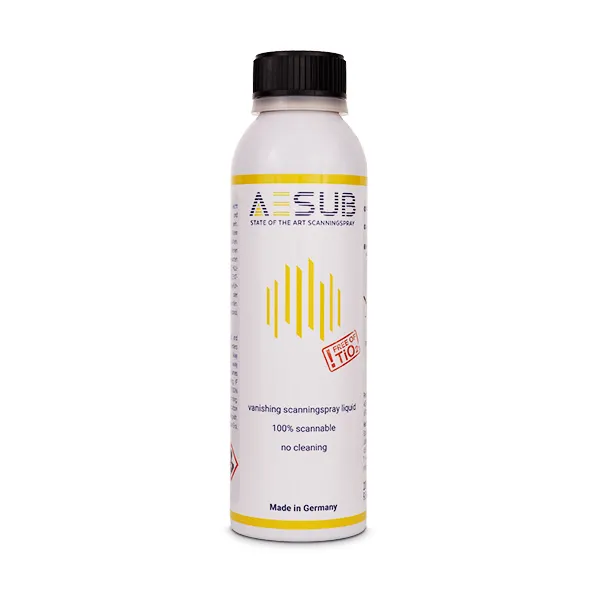 Front view of AESUB Yellow vanishing scanning spray bottle featuring “Free of TiO₂” label and made in Germany text.